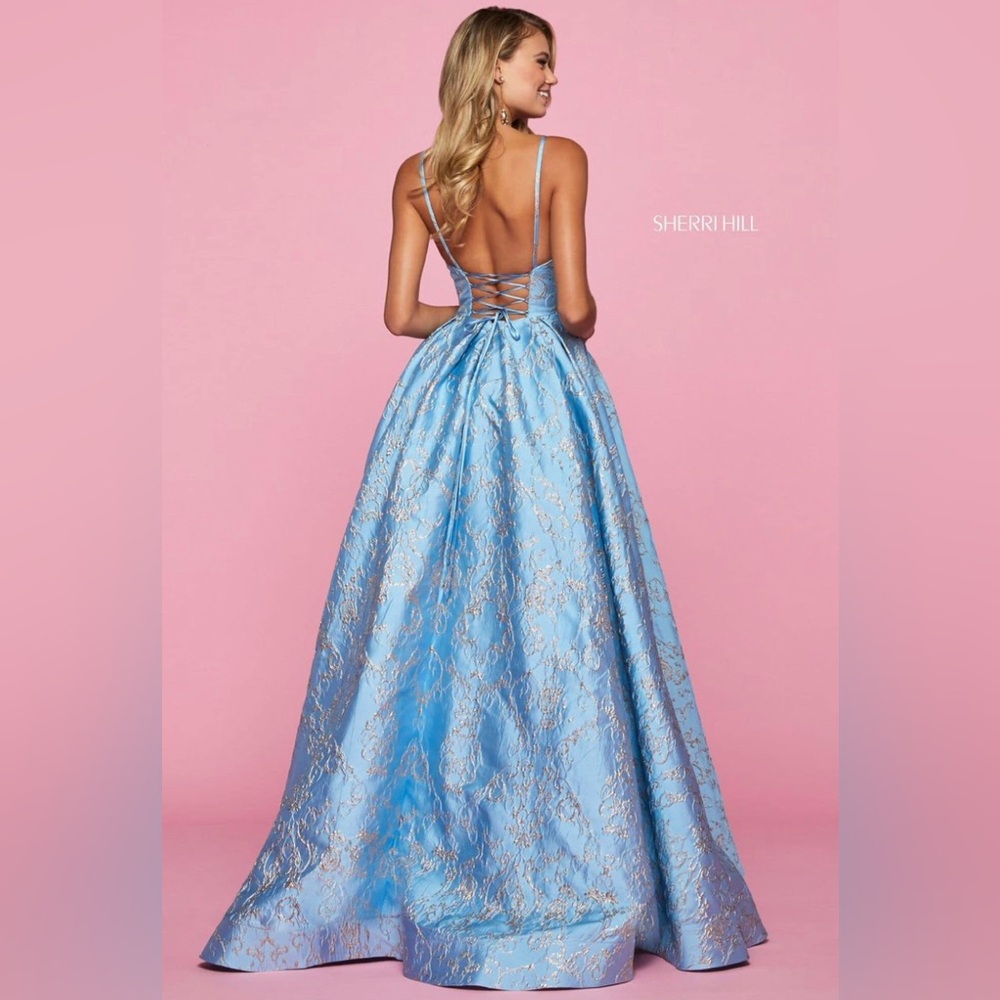 READ CAPTION Sherri Hill blue brocade prom dress style # 53328